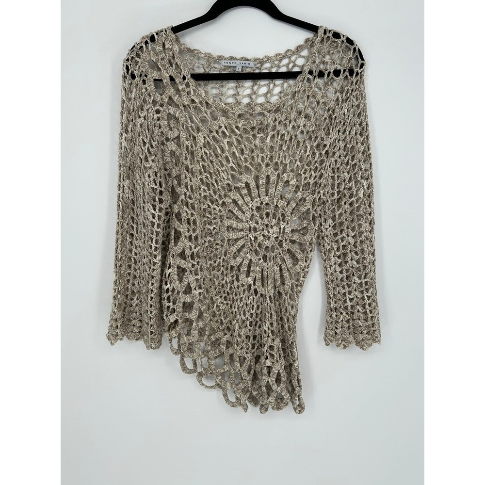 Crochet Sweater Womens L Boho Fairycore Cottagecore OpenKnit Floral Asymmetrical